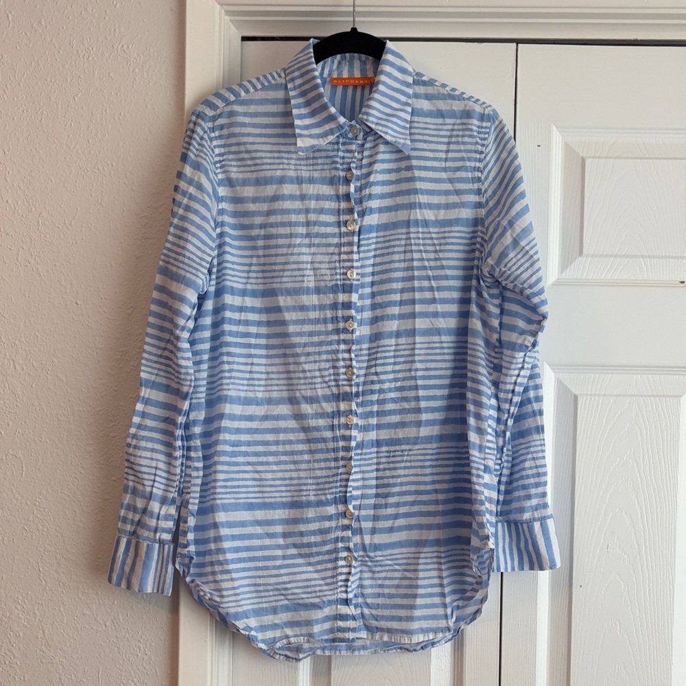 Oliphant Light Blue and White Striped Button Front Cotton Shirt Roll Tab Sleeves